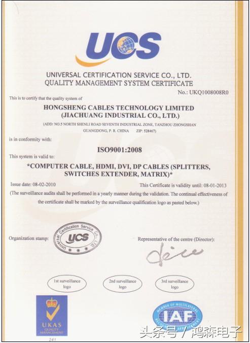 HDMI線工廠——鴻森電子資質(zhì)證書齊全